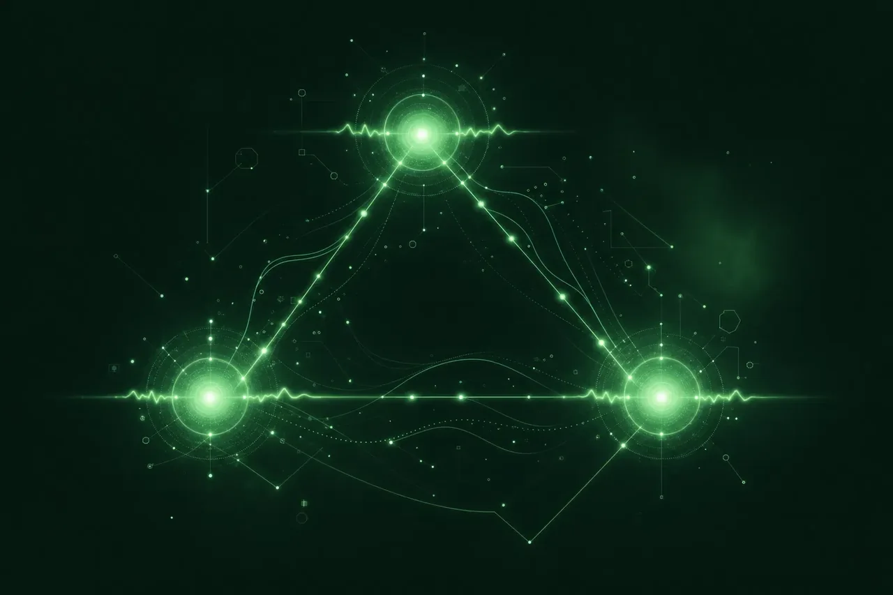 Three linked nodes pulsing along a network, representing the Pulse AI agents working together